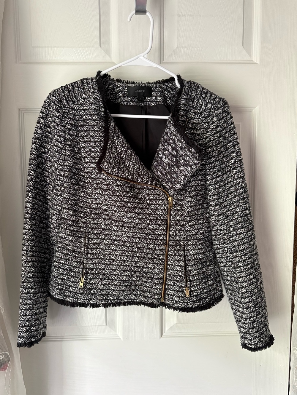 J. Crew Tweed Moto Jacket Fringe Hem zip 9% wool size 4